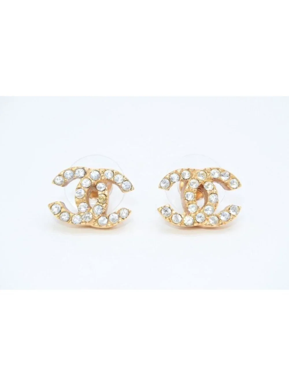 Chanel CC Logo Earrings 01 Rhinestone Metal Gold Clear